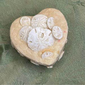 Sand dollar vintage trinket box; coastal, nautical heart shaped shell box.
